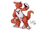  2019 3_fingers 3_toes anthro briefs bulge claws clothing digimon digimon_(species) fingers guilmon iztli male red_body red_skin scalie signature simple_background solo toes underwear white_background 