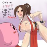 1girl :o absurdres angry bare_shoulders bent_over breasts brown_eyes brown_hair cleavage collarbone covered_nipples english_commentary fatal_fury hand_on_hip hanging_breasts high_ponytail highres karuro-kun kirby kirby_(series) large_breasts ninja nintendo open_mouth ponytail revealing_clothes rope shiranui_mai sideboob smash_is_for_good_boys_and_girls super_smash_bros. the_king_of_fighters thighs 