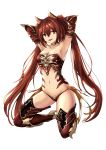  1girl :d absurdres animal_ears armor armored_boots armpits arms_behind_head arms_up bare_shoulders boots breasts cerberus_(shingeki_no_bahamut) cleavage collar collarbone full_body gauntlets hair_between_eyes high_heel_boots high_heels highres kneeling large_breasts long_hair looking_at_viewer navel open_mouth panties qianqiu_wanxia red_eyes red_hair red_panties revealing_clothes shingeki_no_bahamut simple_background smile solo stomach thigh_boots thighhighs twintails underwear very_long_hair white_background 