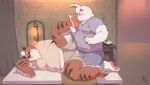  2019 anthro bed belly blush bottomwear bulge butt clothing detailed_background duo felid fur furniture hi_res humanoid_hands lagomorph leporid male male/male mammal overweight overweight_male pantherine pants piero03432812 rabbit shirt shorts tiger topwear white_body white_fur 