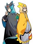  2boys cape character_request charizard charizard_(cosplay) closed_mouth cosplay dragon_tail dragon_wings fire gintama hangleing hood hooded_cape japanese_clothes kimono long_hair long_sleeves looking_at_viewer male_focus multiple_boys pokemon red_eyes simple_background smile standing tail white_background wings 