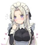 1girl alternate_costume artist_name black_ribbon blush breasts closed_mouth commentary edelgard_von_hresvelg embarrassed english_commentary eyebrows_visible_through_hair fire_emblem fire_emblem:_three_houses hair_ornament hair_ribbon hand_in_hair heart highres juliet_sleeves large_breasts long_hair long_sleeves looking_away maid maid_headdress moorina puffy_sleeves purple_eyes ribbon silver_hair simple_background solo white_background 