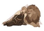  1boy ai-wa animal blonde_hair cape european_clothes fire_emblem fire_emblem_fates fur_cape leo_(fire_emblem) lion looking_at_viewer lying 