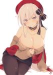  1girl alternate_costume aran_sweater arm_support azur_lane bangs belfast_(azur_lane) beret black_skirt blue_eyes blush braid breasts brown_legwear brown_sweater casual choker cleavage clothes_tug collarbone earrings eyebrows_visible_through_hair hat heart high_heels highres hoop_earrings jewelry large_breasts legs_together long_hair looking_at_viewer muuran off-shoulder_sweater off_shoulder pantyhose pencil_skirt red_headwear shawl sidelocks signature silver_hair simple_background skirt smile solo sweater sweater_tug white_background 