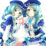  2girls alternate_hairstyle aqua_hair bang_dream! beads blue_headwear blue_skirt bow braid brooch capelet closed_mouth constellation_hair_ornament constellation_print crescent crescent_earrings earrings frills green_eyes hair_bow hair_ornament hairclip hand_up hat hat_bow highres hikawa_hina hikawa_sayo holding_hands idol interlocked_fingers jewelry long_hair long_sleeves looking_at_viewer multiple_girls parted_lips pearl_(gemstone) ribbon shirt siblings single_braid siratama0629 sisters sitting skirt smile sparkle star star_earrings starry_background striped striped_ribbon twin_braids twins vest white_background white_shirt 