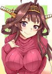  1girl ahoge alternate_costume aoi_manabu brown_hair double_bun hairband headgear kantai_collection kongou_(kantai_collection) long_hair long_sleeves looking_at_viewer purple_eyes red_sweater smile solo sweater upper_body 