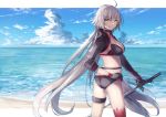  1girl ;q ahoge ass bangs bikini black_bikini black_gloves blue_sky breasts commentary_request cowboy_shot day eyebrows_visible_through_hair fate/grand_order fate_(series) gloves highres holding holding_sword holding_weapon jeanne_d&#039;arc_(alter_swimsuit_berserker) jeanne_d&#039;arc_(fate)_(all) large_breasts left-handed long_hair long_sleeves ocean one_eye_closed red_legwear reverse_grip shrug_(clothing) silver_hair single_thighhigh sky smile solo standing swimsuit sword thigh_strap thighhighs thighs thkani tongue tongue_out very_long_hair water weapon yellow_eyes 