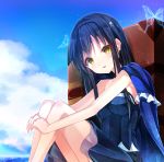  1girl bangs black_hair black_hairband blue_cape blue_sky breasts cape cloud day dress hair_ornament hairband hayami_rokushichi highres key_(company) knees_up kushima_kamome long_hair looking_at_viewer medium_breasts outdoors sitting skull_hair_ornament sky solo summer_pockets white_butterfly yellow_eyes 