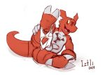  2019 3_fingers 3_toes anthro balls briefs butt claws clothing digimon digimon_(species) erection fingers guilmon iztli male penis presenting presenting_hindquarters red_body red_skin scalie signature simple_background solo toes underwear white_background 