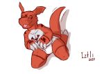  2019 3_fingers 3_toes anthro briefs bulge butt claws clothing digimon digimon_(species) fingers guilmon iztli male red_body red_skin scalie signature simple_background smile solo toes tongue tongue_out underwear white_background 