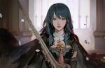  1girl armor blue_eyes blue_hair breasts byleth_(fire_emblem) byleth_(fire_emblem)_(female) cape fire_emblem fire_emblem:_three_houses holding holding_sword holding_weapon indoors jiayue_wu lips long_hair looking_at_viewer nose solo sword upper_body weapon 