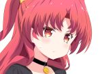  &gt;:( 1girl bangs black_choker blush choker closed_mouth collarbone commentary_request derivative_work eyebrows_visible_through_hair lena_(noukin) long_hair parted_bangs portrait red_eyes red_hair simple_background solo sweat two_side_up v-shaped_eyebrows watashi_nouryoku_wa_heikinchi_de_tte_itta_yo_ne! white_background yutsuki_warabi 