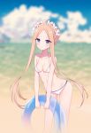  1girl abigail_williams_(fate/grand_order) bangs bare_shoulders bikini blonde_hair blue_eyes blurry blurry_background blush bow breasts cleavage commentary dusk6513 fate/grand_order fate_(series) headdress highres holding holding_innertube innertube long_hair looking_at_viewer parted_bangs small_breasts solo swimsuit white_bikini 