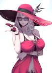  1girl arm_under_breasts breasts carmilla_(fate/grand_order) carmilla_(swimsuit_rider)_(fate) curly_hair dress fate/grand_order fate_(series) gun handgun hat highres large_breasts nakamura_regura pistol silver_hair sunglasses weapon yellow_eyes 