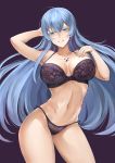  1girl absurdres akame_ga_kill! arm_up armpits bare_shoulders blue_eyes blue_hair bra breasts cleavage commentary_request esdeath eyelashes grin highres large_breasts long_hair looking_at_viewer looking_down panties purple_background purple_bra purple_panties simple_background smile solo tattoo thighs underwear very_long_hair zcheng_weibing 