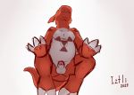  2019 3_fingers 3_toes anthro balls claws clothing digimon digimon_(species) fingers guilmon half-erect humanoid_penis iztli male penis red_body red_skin scalie signature simple_background solo toes uncut underwear white_background 
