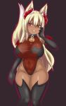  1girl animal_ear_fluff animal_ears black_gloves black_legwear blonde_hair blush breasts bright_pupils covered_navel curvy dark_skin demon_girl elbow_gloves fangs fox_ears fox_girl fox_tail gloves grin groin hand_on_own_face highres horns jack-o&#039;-lantern large_breasts leotard long_hair nav original red_eyes see-through slit_pupils smile solo succubus tail taut_clothes thick_thighs thighhighs thighs very_long_hair 