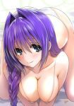  1girl all_fours ass bangs bare_shoulders bikini blue_eyes blush braid breasts cleavage collarbone hair_between_eyes hair_intakes hair_over_shoulder kanon large_breasts long_hair looking_at_viewer micro_bikini minase_akiko mitarashi_kousei purple_hair single_braid solo swimsuit thighs white_bikini 