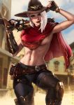  1girl absurdres artist_name ashe_(overwatch) belt blurry blurry_background bracelet breasts closed_mouth cowboy_hat dandon_fuga day earrings explosive fingerless_gloves gloves grenade gun hat highres holding holding_weapon jewelry lips lipstick looking_at_viewer makeup medium_breasts medium_hair mole_above_mouth nail_polish navel outdoors overwatch pants poncho red_eyes red_lipstick rifle shiny smile solo tattoo weapon 