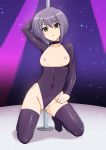  1girl arm_behind_head ass_visible_through_thighs bangs breasts breasts_outside choker covered_navel eyebrows_visible_through_hair grey_hair haruhisky highres kneehighs leotard looking_at_viewer nagato_yuki nipples pole purple_legwear short_hair solo suzumiya_haruhi_no_yuuutsu thighhighs wedgie yellow_eyes 