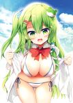 1girl alternate_hairstyle bangs bikini blue_sky blush bow bowtie breasts cloud commentary_request cowboy_shot day eyebrows_visible_through_hair frog_hair_ornament green_eyes green_hair hair_between_eyes hair_ornament hair_tubes hairclip highres kochiya_sanae large_breasts leaning_forward long_hair long_sleeves looking_at_viewer maturiuta_sorato navel one_side_up open_clothes open_mouth open_shirt outdoors red_bow red_neckwear shirt side-tie_bikini sidelocks sky smile snake_hair_ornament solo sparkle standing star star-shaped_pupils star_hair_ornament stomach swimsuit symbol-shaped_pupils thighs touhou very_long_hair white_bikini white_shirt 