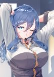  1girl arms_up blew_andwhite blue_eyes blue_hair blush breasts eyebrows_visible_through_hair gotland_(kantai_collection) hair_between_eyes hair_tie_in_mouth highres holding holding_hair kantai_collection long_hair long_sleeves looking_at_viewer mole mole_under_eye mouth_hold shirt signature solo upper_body 