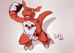  2019 3_fingers 3_toes anthro balls briefs cellphone claws clothing digimon digimon_(species) erection fingers guilmon humanoid_penis iztli male penis phone red_body red_skin scalie selfie signature simple_background smile solo toes uncut underwear white_background 