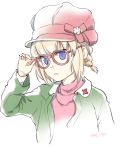  1girl adjusting_eyewear alternate_hairstyle bangs blonde_hair blue_eyes bow bowtie braid cabbie_hat casual closed_mouth commentary_request cropped_torso ei_(akinosakae) girls_und_panzer glasses green_jacket hair_tie hat jacket katyusha light_frown long_sleeves looking_at_viewer open_clothes open_jacket red-framed_eyewear red_headwear red_shirt shirt short_hair simple_background solo turtleneck twitter_username upper_body white_background 