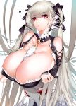  1girl :o ? areola_slip areolae azur_lane bare_shoulders breasts cleavage collarbone commentary_request crossed_arms formidable_(azur_lane) highres huge_breasts iapoc long_hair looking_at_viewer parted_lips pink_eyes silver_hair simple_background solo twintails very_long_hair white_background 