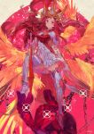  1girl absurdres armor bird chain closed_mouth crown feathered_wings feathers gauntlets highres holding holding_sword holding_weapon long_hair mechanical_hand original red_eyes red_hair silhouette smile solo sparkle sword taiki_(luster) vambraces weapon wings 