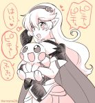  1girl armor blush cape corrin_(fire_emblem) corrin_(fire_emblem)_(female) eromame fire_emblem fire_emblem_fates gen_2_pokemon gloves hair_between_eyes hair_ornament hairband holding long_hair open_mouth pichu pointy_ears pokemon pokemon_(creature) red_eyes smile super_smash_bros. translation_request 