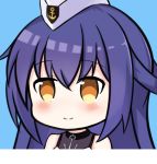  1girl anchor_symbol azur_lane bangs bare_shoulders blue_background blush brown_eyes closed_mouth commentary_request dewey_(azur_lane) eyebrows_visible_through_hair garrison_cap hair_between_eyes hat long_hair looking_away nagato-chan portrait purple_hair simple_background sleeveless smile solo white_headwear 