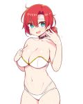  1girl aqua_eyes bare_shoulders boudica_(fate/grand_order) breasts chan_co choker cleavage cowboy_shot earrings fanning_self fate/grand_order fate_(series) jewelry large_breasts navel o-ring o-ring_top red_hair revealing_clothes short_hair short_ponytail simple_background smile solo sweat white_background 