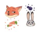  blueberry_(fruit) canid canine carrot dipstick_ears disney duo food fox fruit fur green_eyes grey_body grey_fur judy_hopps lagomorph leporid mammal multicolored_ears nick_wilde orange_body orange_fur plant purple_eyes rabbit red_fox simple_background smile tan_body tan_fur vegetable white_background yuuba zootopia 