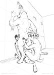  2018 4_fingers against_wall anal anthro anthro_on_anthro antlers backsack balls black_and_white butt canid canine canis cervid communal_shower dalmatian digital_drawing_(artwork) digital_media_(artwork) domestic_dog eyes_closed fellatio fingers fur group group_sex hi_res hooves horn horn_grab inside interspecies male male/male mammal monochrome muscular muscular_male nude open_mouth oral oral_sandwich pawpads paws penile penis rimming sex shower simple_background sitting sketch standing text threesome two_subs_one_dom url water white_background zaush 
