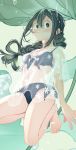  1girl asui_tsuyu bangs barefoot bikini black_bikini black_eyes black_hair blurry blurry_background boku_no_hero_academia braid closed_mouth cover-up day droplet front-tie_bikini front-tie_top full_body highres leaf long_hair looking_at_viewer minigirl nanaminn outdoors rain see-through side-tie_bikini single_braid smile solo squatting swimsuit 