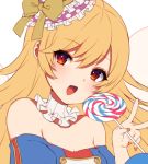  1girl alternate_costume bangs bare_shoulders blonde_hair blue_shirt blush bow breasts candy cleavage clownpiece eyebrows_visible_through_hair food hair_between_eyes hand_up hat hat_bow head_tilt holding holding_food lollipop long_hair looking_at_viewer lowres marota nail_polish neck_ruff off-shoulder_shirt off_shoulder open_mouth orange_nails polka_dot polka_dot_hat puffy_short_sleeves puffy_sleeves purple_headwear red_eyes shirt short_sleeves simple_background small_breasts solo swirl_lollipop touhou upper_body v white_background work_in_progress yellow_bow 