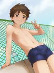  1boy blush brand_name_imitation brown_eyes brown_hair bulge english_text eroemodoki from_below highres looking_at_viewer male_focus male_swimwear navel nipples original pocari_sweat smile swim_briefs swimwear v 