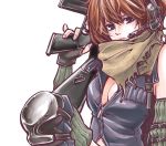  1girl assault_rifle blue_eyes breasts brown_hair cleavage date_madoka expressionless fingerless_gloves gloves gun hare-kon. headphones knee_pads leather_vest looking_at_viewer non_(mangaka) rifle scarf short_hair simple_background solo unzipped weapon white_background 
