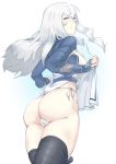  1girl ainu_clothes alternate_hairstyle ass blue_eyes blush breasts closed_mouth dress hair_between_eyes kamoi_(kantai_collection) kantai_collection large_breasts lifted_by_self long_hair long_sleeves looking_at_viewer panties rat1989 solo thick_eyebrows thighhighs underwear white_dress white_hair white_panties wrist_guards 