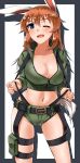  1girl absurdres animal_ears blue_eyes blush breasts brown_hair bunny_ears charlotte_e_yeager cleavage collarbone eyebrows_visible_through_hair green_shorts groin highres hiroshi_(hunter-of-kct) jacket large_breasts long_hair looking_at_viewer midriff navel one_eye_closed open_mouth shadow shiny shiny_hair shorts simple_background smile solo standing strike_witches teeth tongue track_jacket upper_teeth white_background world_witches_series 