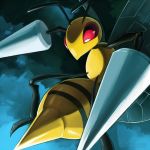  1:1 2013 ambiguous_gender antennae_(anatomy) arthropod beedrill black_stripes by-nc-sa creative_commons digital_media_(artwork) digital_painting_(artwork) evilapple513 insect insect_wings nintendo pok&eacute;mon pok&eacute;mon_(species) red_eyes signature simple_background solo stripes text translucent translucent_wings url video_games watermark wings yellow_body 