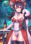  1girl arm_up armpits belt black_hair black_legwear blush breasts building chain cleavage commentary_request cowboy_shot elbow_gloves fang full_moon fur-trimmed_gloves fur_trim gloves groin highleg highleg_leotard highres ilya_ornstein large_breasts leotard momoto0193 moon night night_sky open_mouth outdoors princess_connect! princess_connect!_re:dive railing red_eyes red_headwear red_leotard short_hair sky smile solo star_(sky) starry_sky strapless strapless_leotard thigh_gap thighhighs town waist_cape white_gloves 