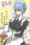  apron blue_hair braid breasts brown_eyes cup fire_emblem fire_emblem:_three_houses highres hilda_valentine_goneril lorenz_hellman_gloucester maid maid_apron maid_headdress marianne_von_edmund medium_breasts satou_shouji shaded_face spilling tea teacup teapot tray trembling yellow_background 