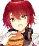  1girl arknights bangs blush brown_eyes character_request commentary_request eyebrows_visible_through_hair food gloves hair_between_eyes hamburger hand_up head_tilt headphones headphones_around_neck highres holding holding_food jacket jyt open_clothes open_jacket open_mouth red_hair simple_background solo upper_teeth white_background white_gloves white_jacket 