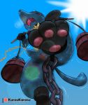  2018 animal_genitalia anthro bdsm black_body black_collar black_fur blue_body blue_fur bodily_fluids bondage bound bucket butt canid canine chain collar digital_media_(artwork) fur genital_fluids kurou-karasu lucario male mammal nintendo nude omorashi open_mouth paws peeing pok&eacute;mon pok&eacute;mon_(species) sheath slave solo submissive submissive_male urine video_games water watersports yellow_body yellow_fur 