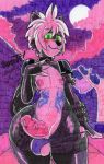  anthro balls erection fur girly green_eyes hi_res male nipples parasitedeath penis pink_body pink_fur solo spiked_armbands thick_thighs wide_hips 
