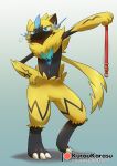  2018 ambiguous_gender anthro black_body black_fur blue_background blue_eyes collar digital_media_(artwork) felid feline fur kurou-karasu legendary_pok&eacute;mon looking_at_viewer mammal nintendo pok&eacute;mon pok&eacute;mon_(species) pose red_collar sigh simple_background solo text url video_games yellow_body yellow_fur zeraora 