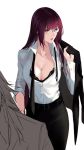  1girl alternate_costume belt belt_buckle bespectacled bra breasts buckle business_suit cleavage collarbone dress_shirt fate/grand_order fate_(series) formal glasses holding holding_jacket jacket large_breasts lips long_hair long_sleeves looking_to_the_side necktie open_clothes open_shirt purple_hair red_eyes reroi scathach_(fate)_(all) scathach_(fate/grand_order) shirt simple_background solo suit underwear untied white_background 