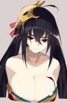  1girl ahoge azur_lane bangs bare_shoulders black_hair bleeding blood blood_on_face breasts cleavage closed_mouth collarbone crossed_bangs empty_eyes eyebrows_visible_through_hair grey_background hair_between_eyes hair_ribbon half-closed_eyes head_tilt highres injury japanese_clothes kimono large_breasts long_hair looking_at_viewer mask mask_on_head off_shoulder red_eyes red_kimono red_ribbon ribbon rrr_ato simple_background smile solo striped striped_ribbon taihou_(azur_lane) tied_hair torn_clothes twintails very_long_hair yandere 